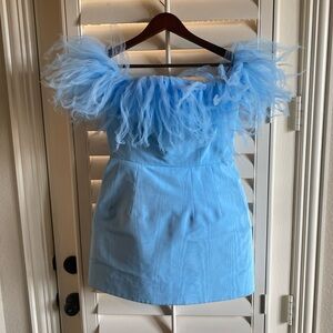 Blue Feathered Off-Shoulder Dress